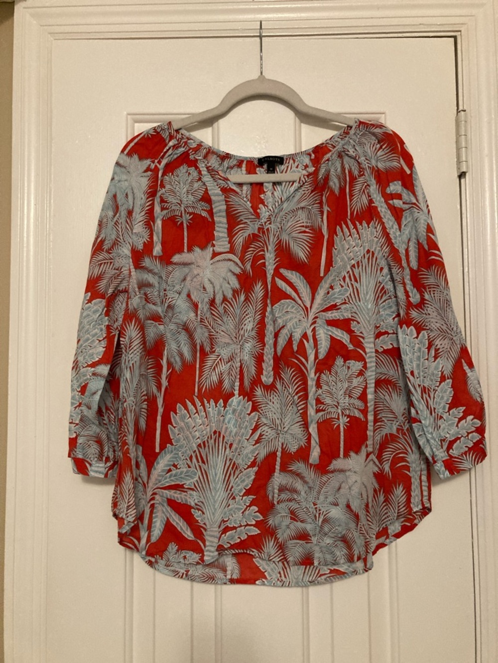 Talbots Red Blouse with Light Blue Palm Print
